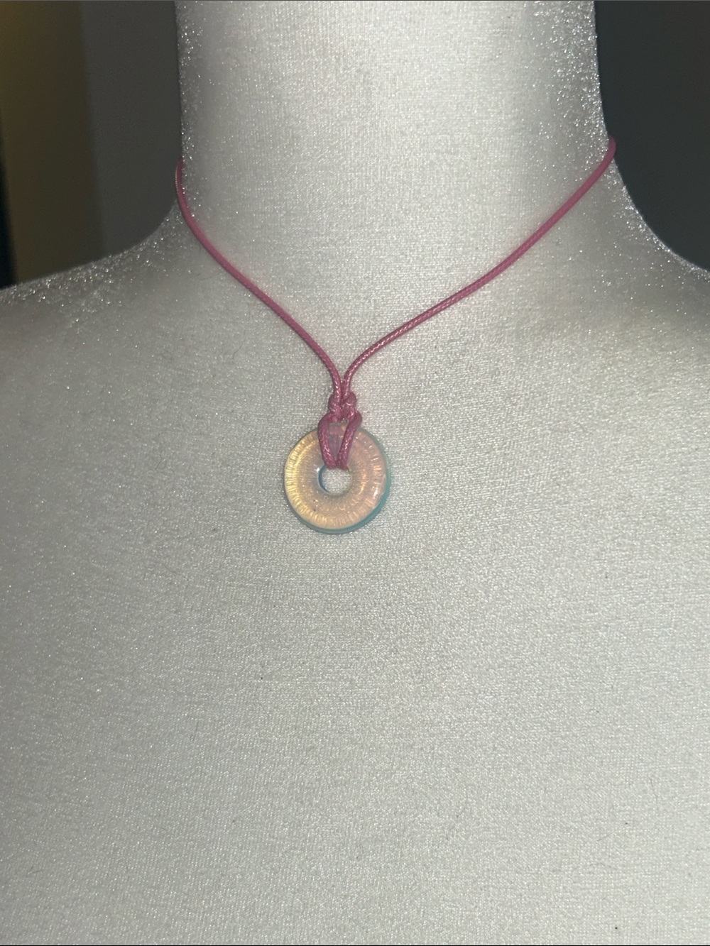 Pink Cord Choker with Iridescent Milky Quartz Donut 1” Pendant Necklace New